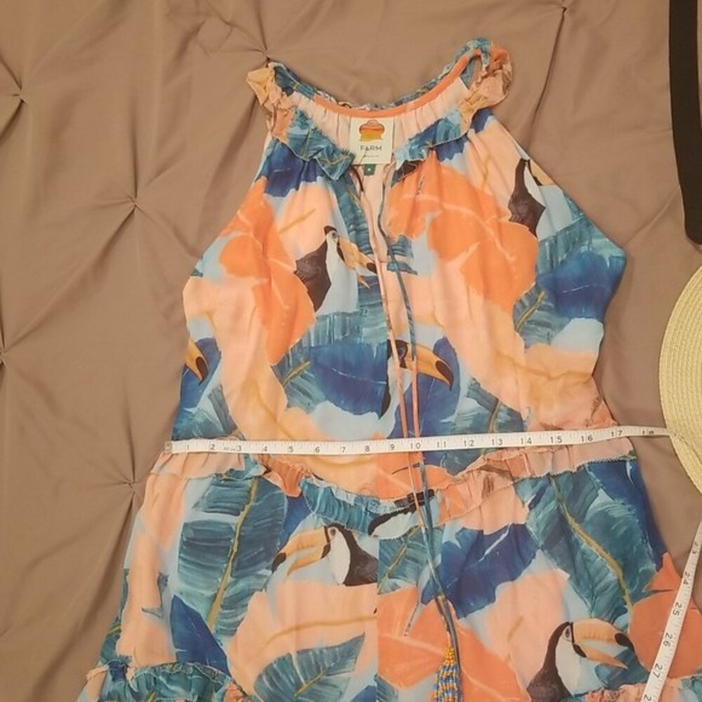 FARM Rio Brazil Orange Peach Blue Beaded Tassel Toucan Mini Dress Tropical, M - Picture 8 of 14